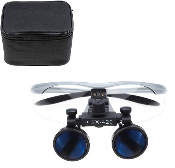 TopSeller 420mm Binocular Magnifying Glass for and Dental with Storage Case 3.5x Loupe, Glasses-Style Laboratory, Research, Technicians, (Silver)