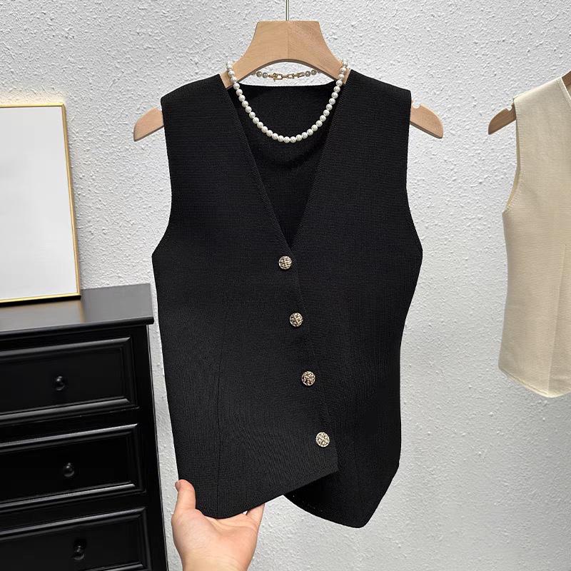 Summer French Retro Irregular Single-Breasted V-Neck Sleeveless Slim Knitted Vest For Women