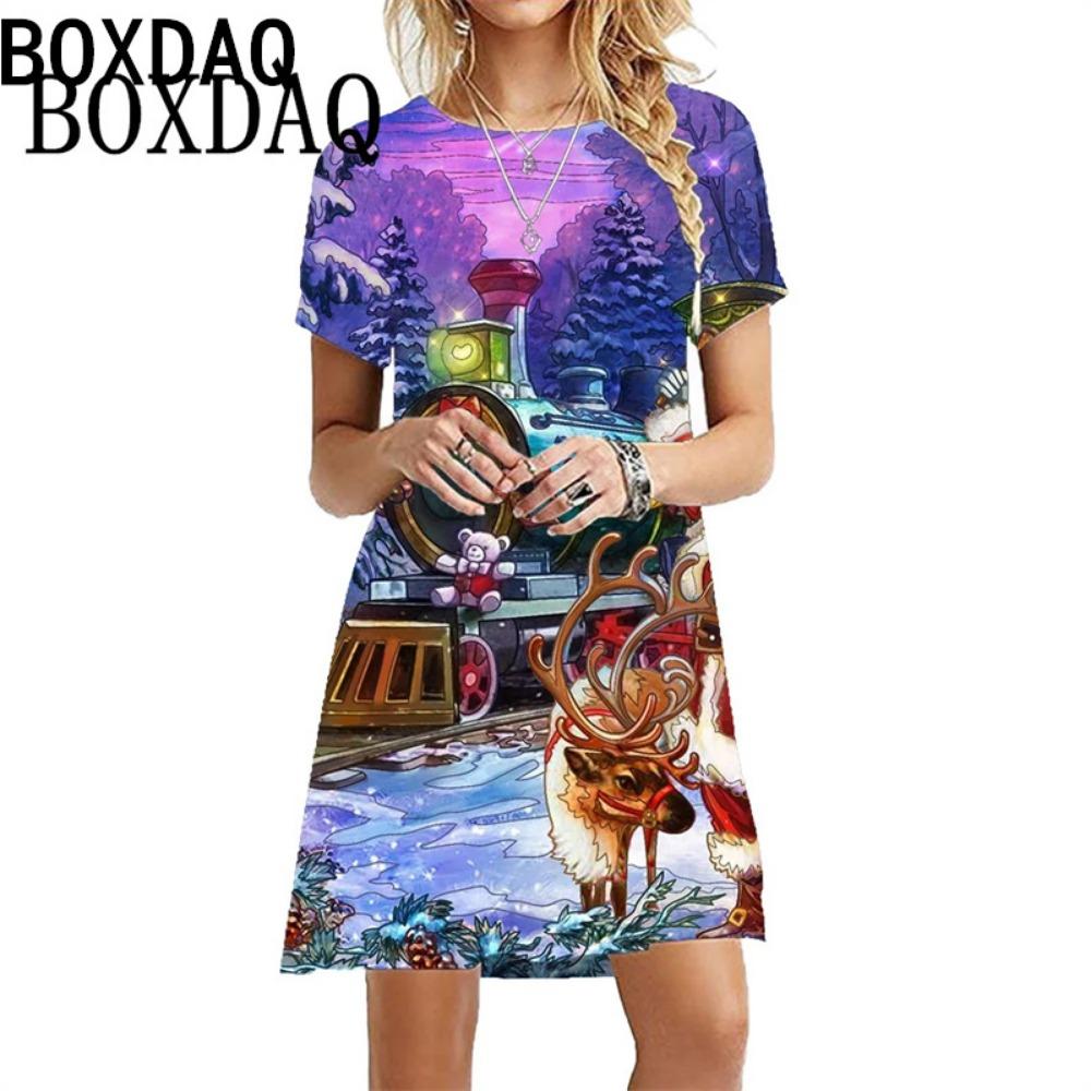 Christmas Deer Print Dress Female Cute Sweet Santa Casual Party Dress Summer Short-sleeved Loose Mini Dress