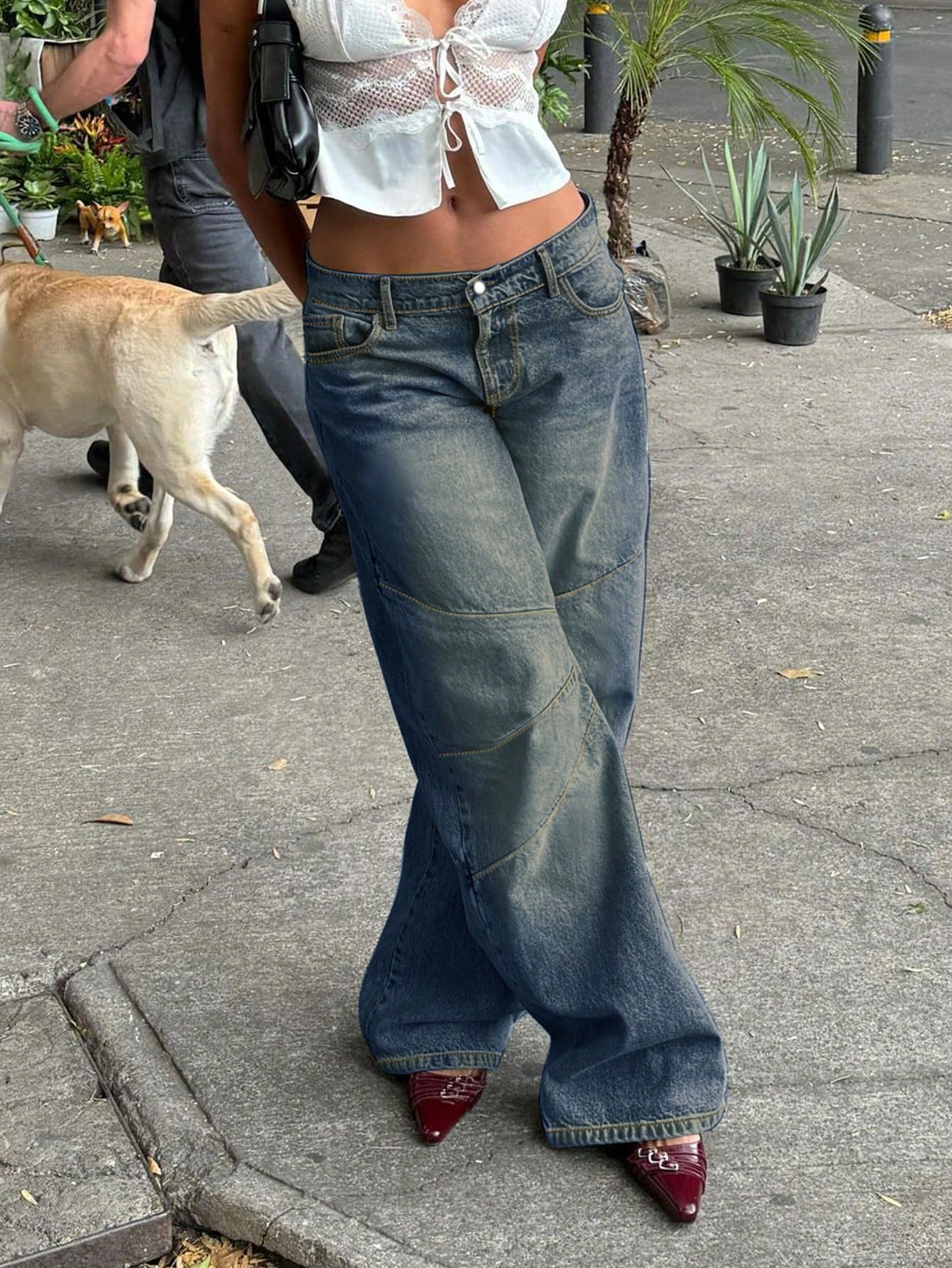 

Rose Beauty Повседневная уличная одежда с косыми карманами, лоскутным швом, потертые мешковатые джинсы с широкими штанинами, осенняя одежда XL темно-синий