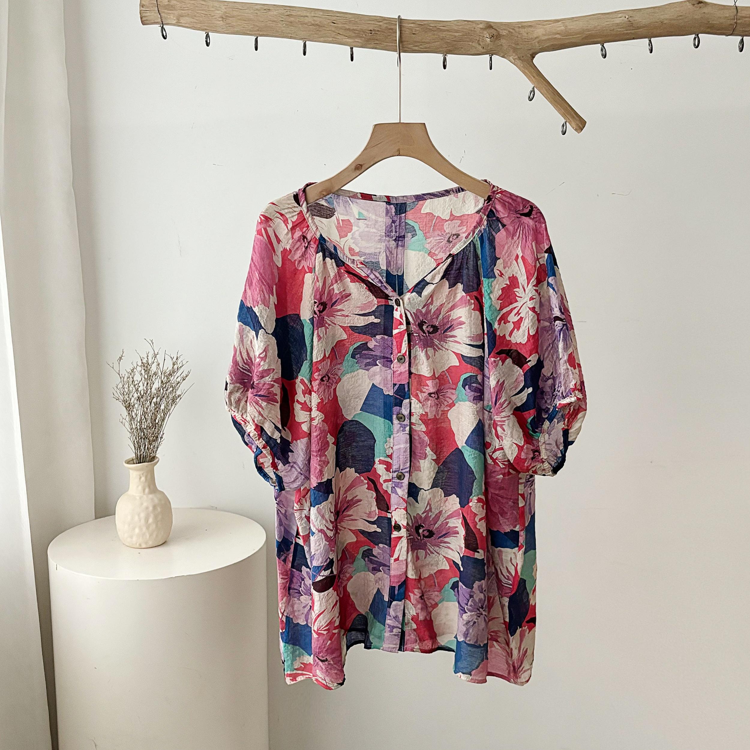 

DIMANAF 2025 Новые летние женские льняные футболки с коротким рукавом и пуговицами с цветочным принтом Базовые модные топы с круглым вырезом Футболки Свободные футболки One Size красный