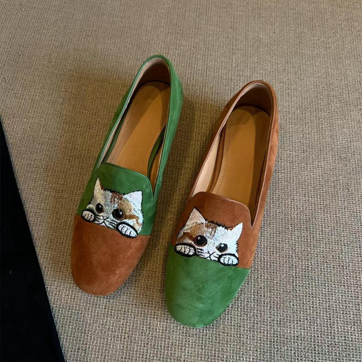 

Вышивка котенок педальные лоферы женские ретро новый китайский стиль верхняя одежда внутренняя танкетка одинарная обувь плоские туфли-бини 38