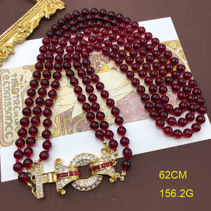 Retro Pomegranate Red Glass Bead Layered Sweater Chain & Rhinestone Necklace Bracelet Set