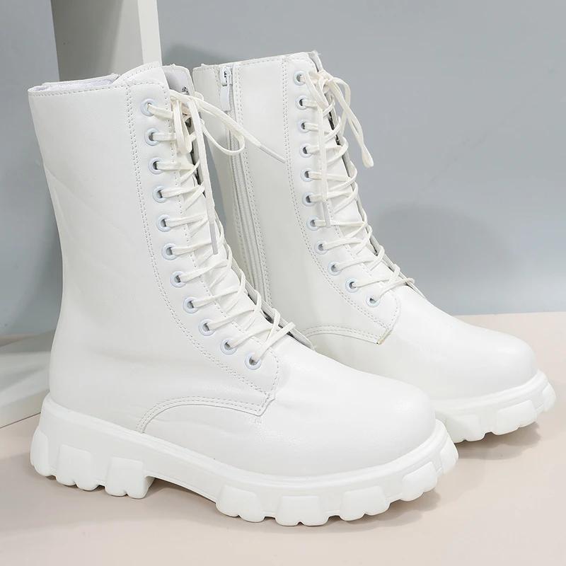 Fashion 2025 Boots Women  Autumn Winter PU Leather White Ankle Boots Motorcycle Female Chunky Heels Platform Boots