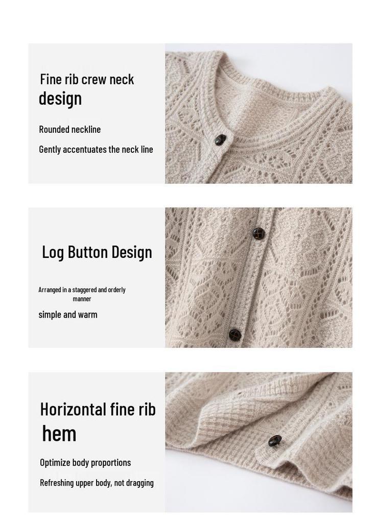 Round Neck Hollow Cashmere Cardigan - 2026 Autumn Women's Elegant Single-Breasted Versatile Warm Outerwear
