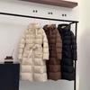 White duck down women's long over the knee winter new hooded waist slim and thin thickened belt jacket
