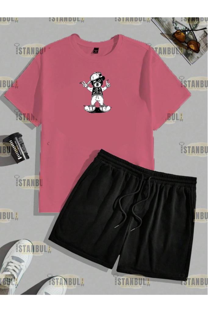 Conjunto de camiseta y pantalones cortos con estampado de oso Happy Street para hombre, talla grande, talla grande, conjunto de parte superior inferior de chándal