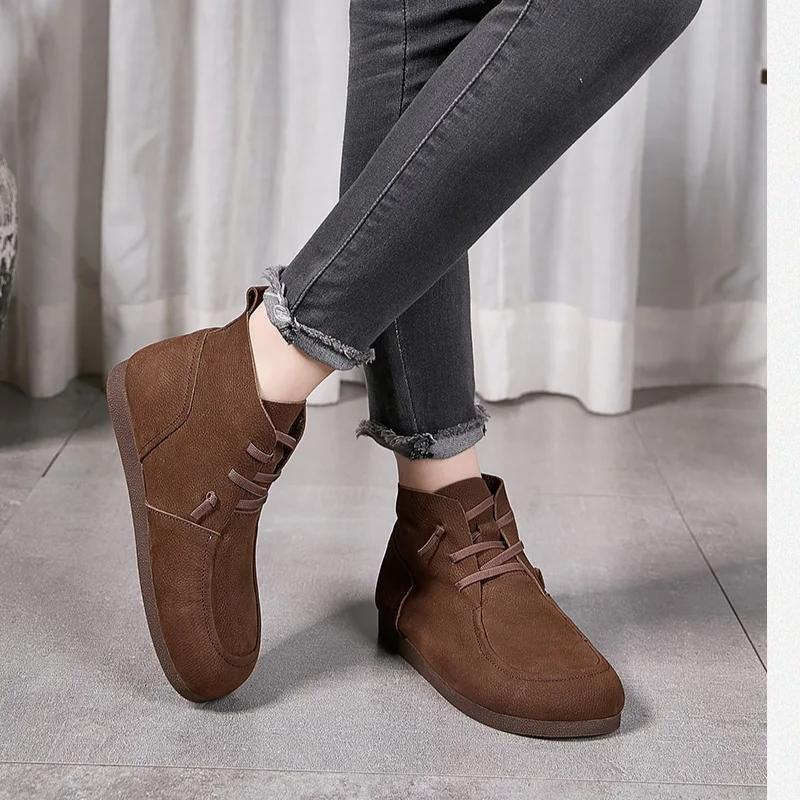 Johnature Retro Genuine Leather Flat Ankle Boots Handmade Soft Cowhide Elastic Band Soft Soled Women's Shoes