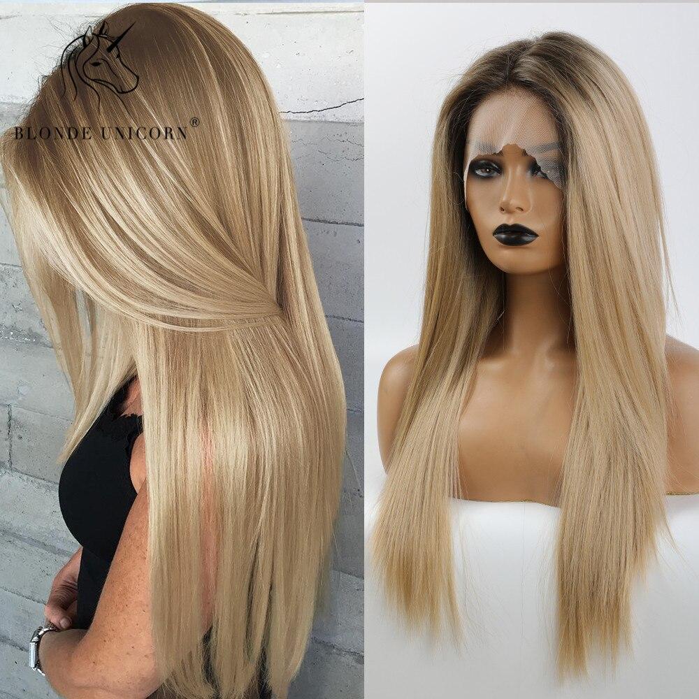 BLONDE UNICORN Long Ombre Blonde Straight Lace Part Synthetic Wigs for Women Daliy Hair Natural High Density Heat Resistant