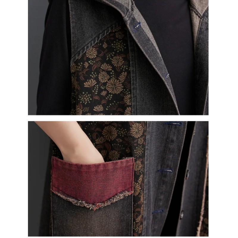 Chaqueta de Otoño para Mujer sin Mangas con Bolsillos Grandes Estampado Vintage Diseño con Capucha Jeans de Mezclilla Sueltos Chaleco Ropa de Abrigo para Mujer