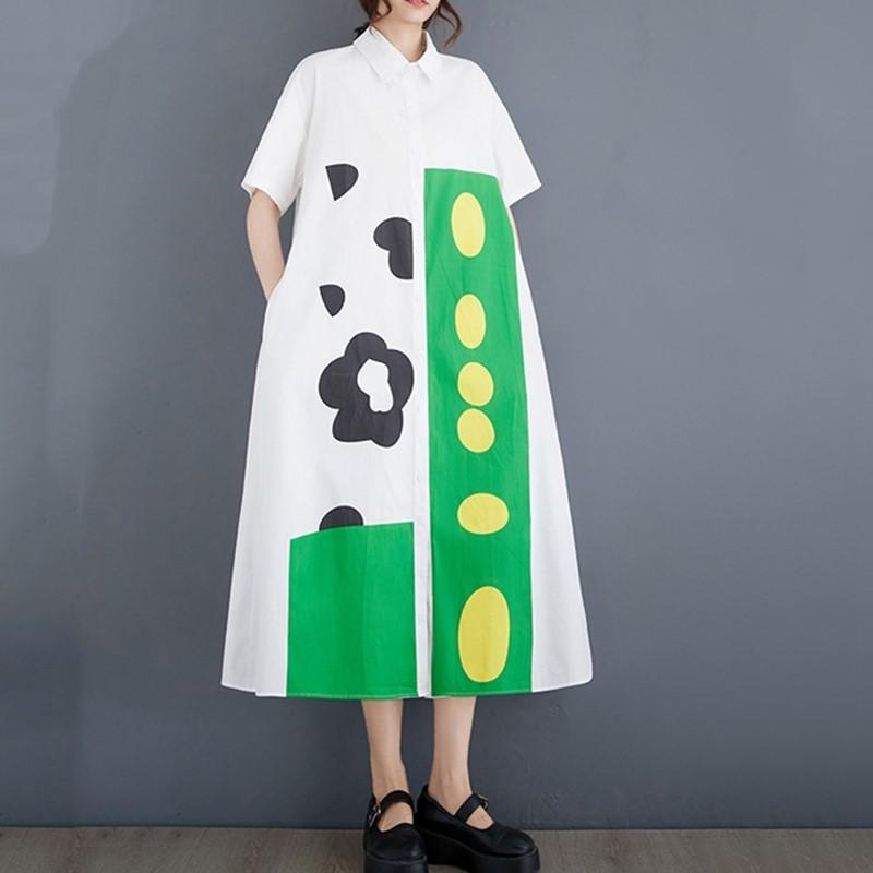 

Новое хлопковое винтажное платье с цветочным принтом больших размеров с коротким рукавом для женщин, повседневное свободное длинное летнее платье-рубашка белый
