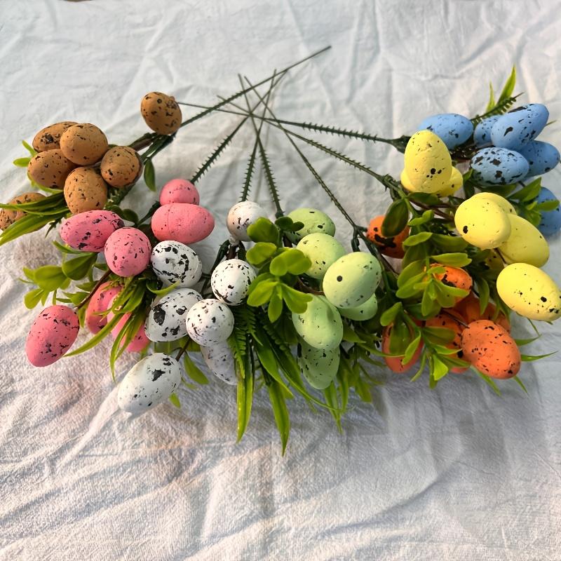 2pcs Colorful Speckled Egg Floral Picks Decorative Artificial Branches with Foam Eggs Green Leaves Home Party Vase Arrangements