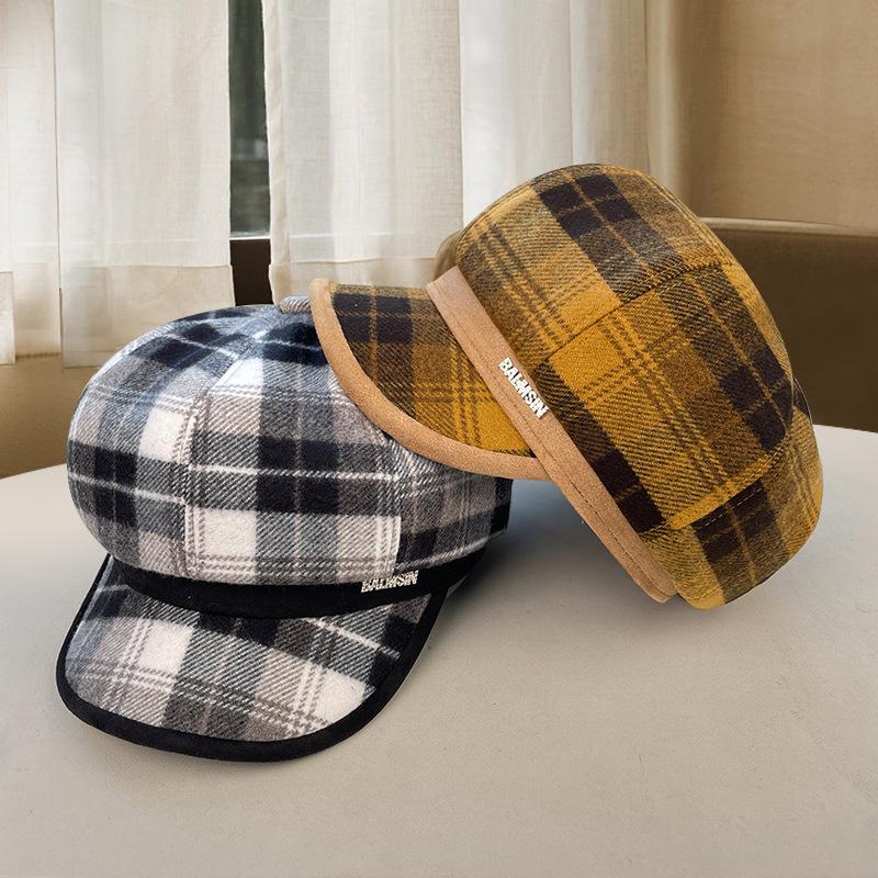 Plaid Octagonal Hat for Women Retro All Match Literary Painter Hat Autumn Face Small Newsboy Hat Big Head Beret