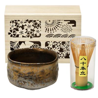 Mino Ware Matcha Bowl Gift Set In Wooden Kinrei Matcha Tea Whisk Yamakatsu Mino Pottery Made In Box, Kiln-fired Glaze, Brown, Approx. 550ml, Bowl,