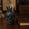 Halloween Room Decor Skull Makeup Brush Holder, Matte Black Gothic Skeleton Pen Organizer Hollow Container for Desk, Resin Storage Figurine