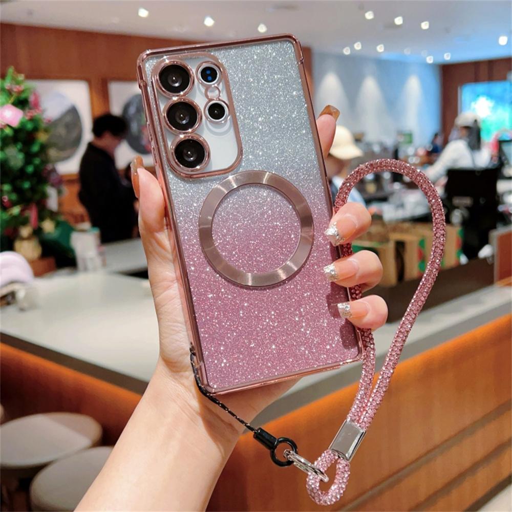 Dla Samsung Galaxy S25 Ultra Magnetyczne Etui Galwanizowane Gradientowe Błyszczące Pokrowiec na Telefon ze Smyczą