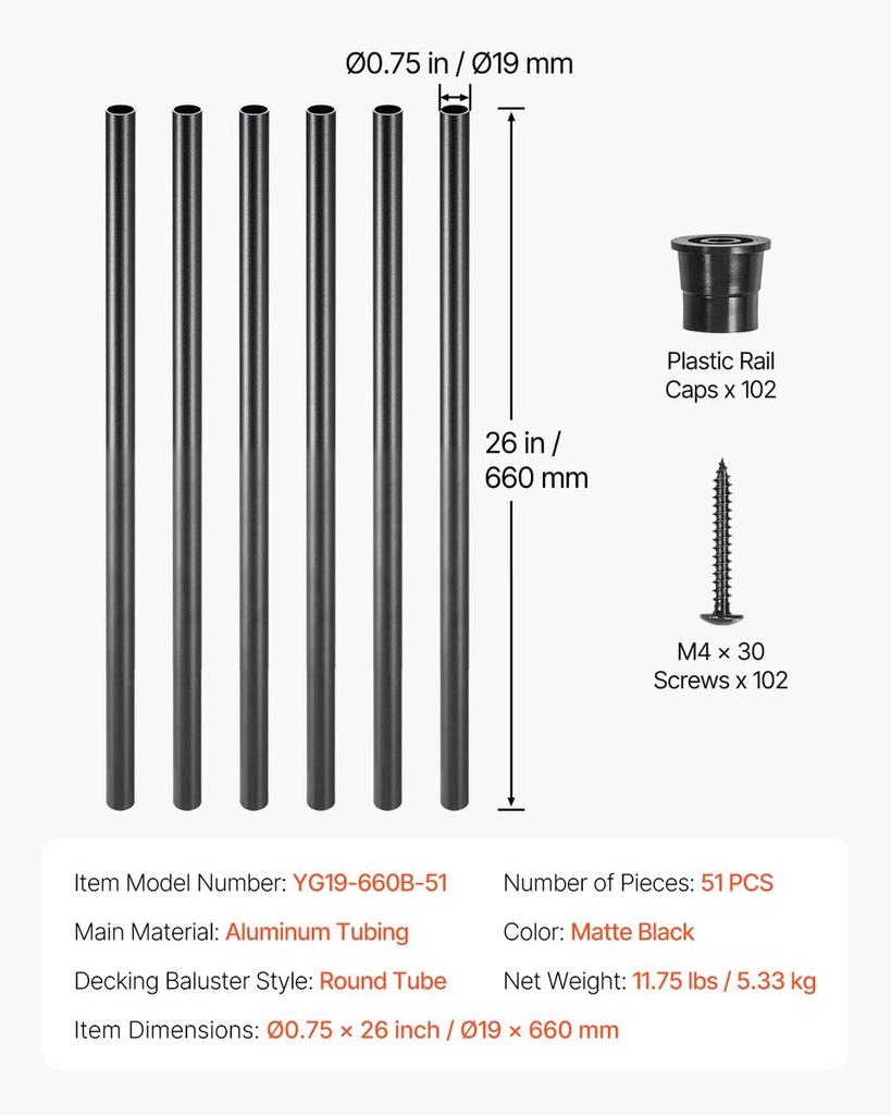 Treppenpfosten 51 Stück 26 Zoll Aluminium-Spindeln mit Schrauben/Geländerkappen