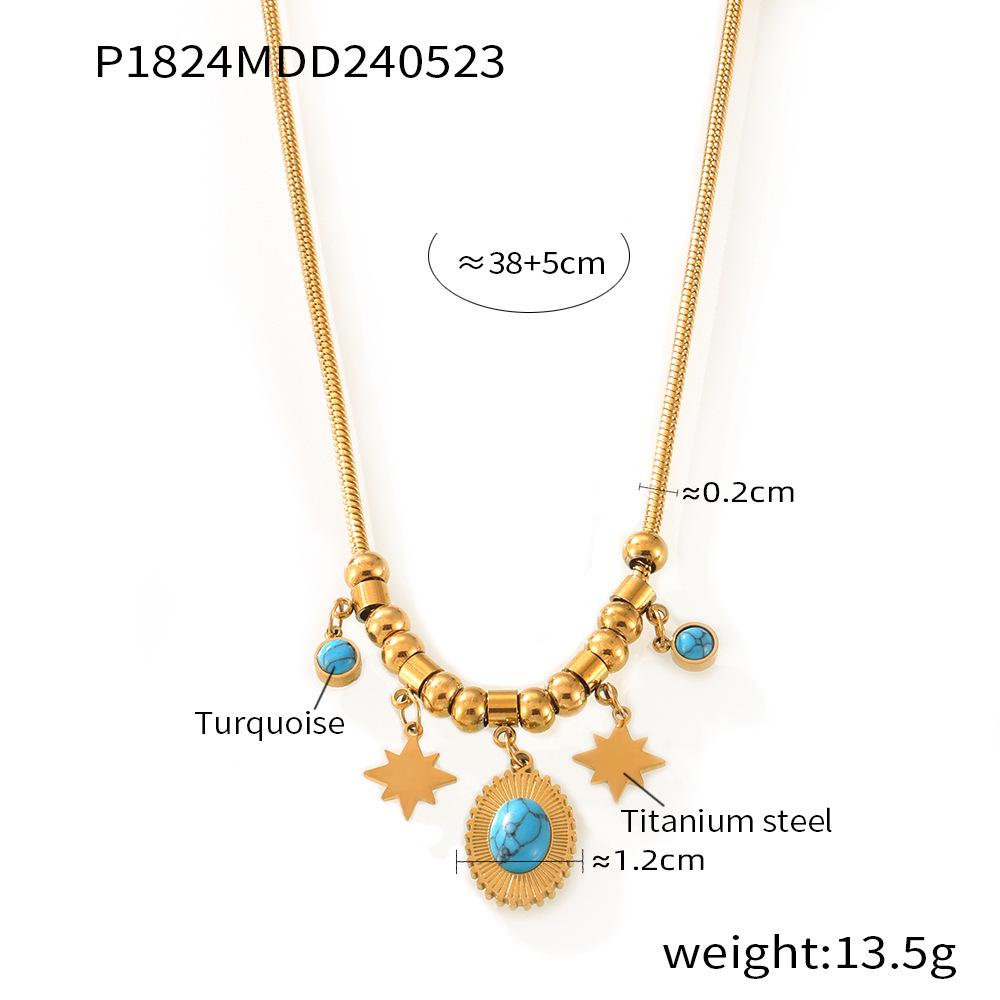 

Богемский кулон из бирюзы, позолоченная титановая цепочка с бусинами-бабочками и геометрическими бусинами - Универсальная ключичная цепочка