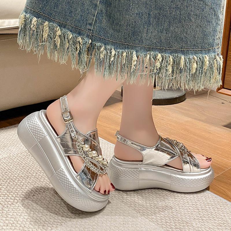 Fashion 7.5cm Women's String Bead Chunky Sandals New Summer Thick Bottom Wedges Beach Slippers Woman Fashion High Platform Sandals Mujer