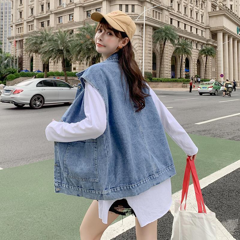 Mode Koreanischer Stil Ärmellose Jeansweste Damen Locker Geschnittene Jeansjacke