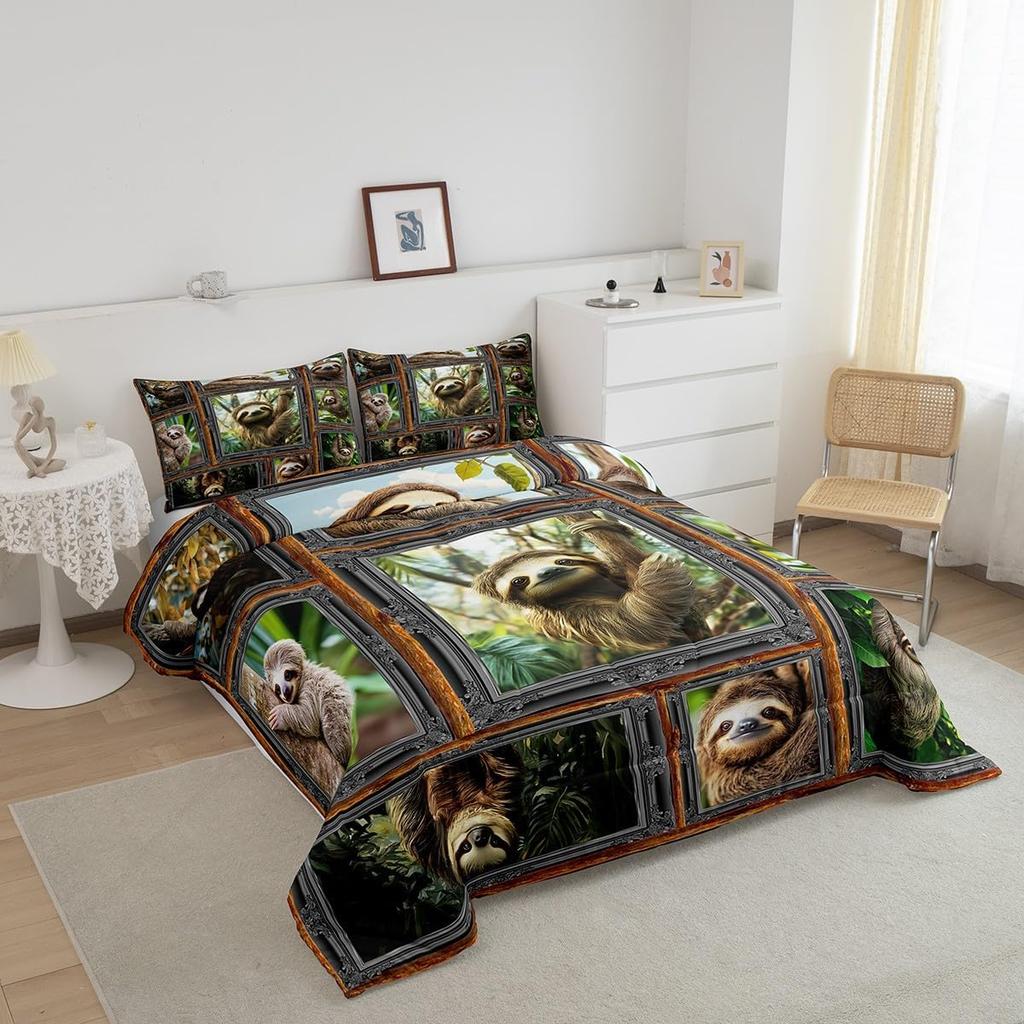 Sloth Bedding Set Cute Animal Pattern Comforter for Kids Women Men 3D Sloth Comforter Set Brown Farmhouse Style Room Decor Queen