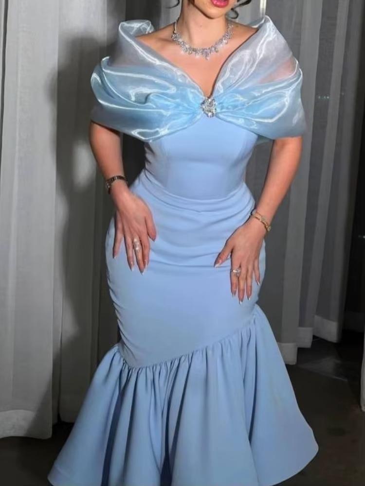 Elegant Evening Long Dresses for Women Cold Shoulder Organza Patchwork High Waist Package Hip Fishtail Ruffles Cocktail Outfits