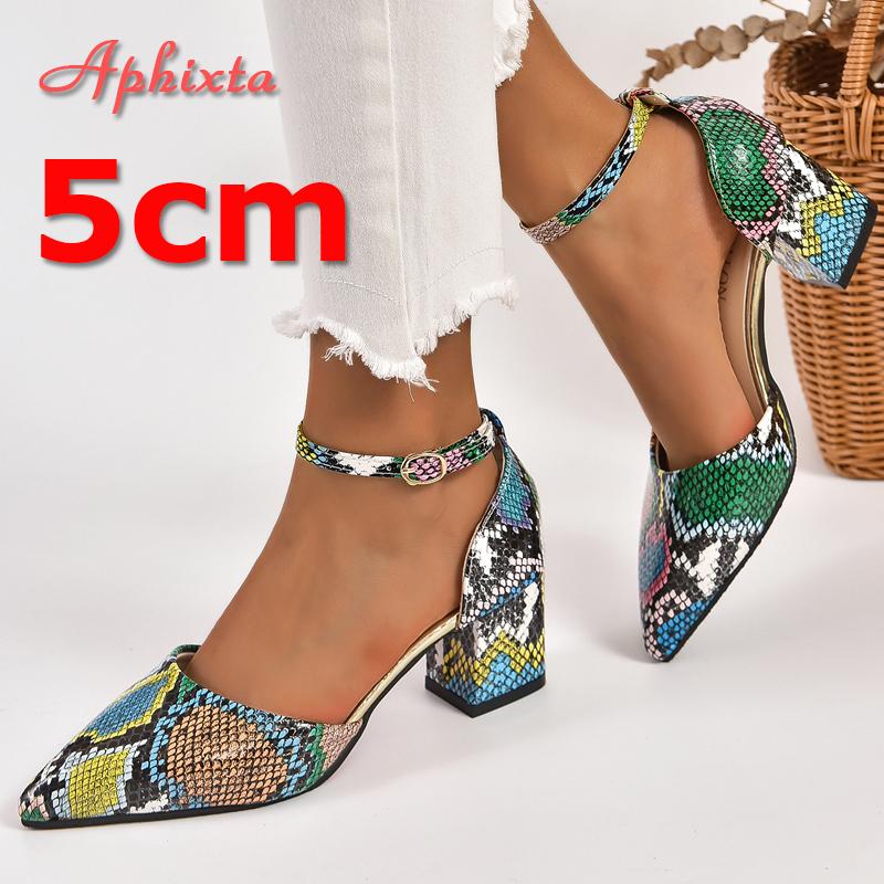 Fashion Aphixta 5cm 7cm Square Heel Summer Ankle Strap Pointed Toe Sandals Women Snake Prints Green Leather Open Shoes Pimp Plus Size 46