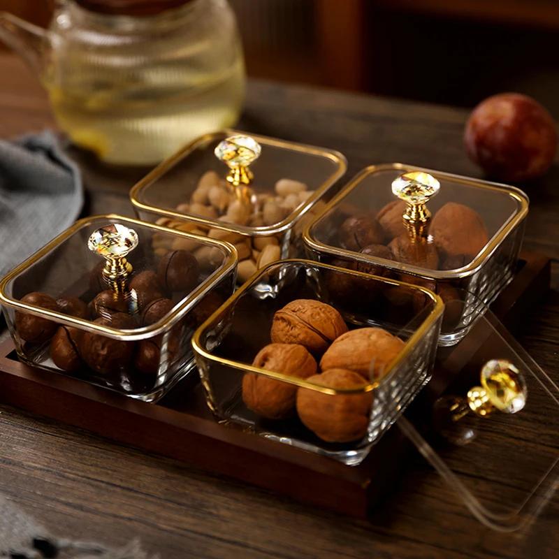 Cover European Creative Snack tray Melons Seeds Glass Sugar Packed Fruit Plate Golden gold Candy Nuts transparent Fruit Box
