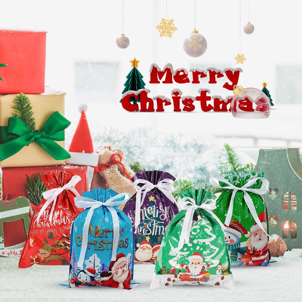 24pcs Drawstring Christmas Gift Bags Foil Gift Bags Durable Decorative Gift for Kids Holiday Celebrations