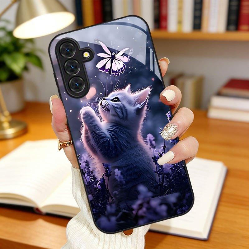 Butterfly Cat Dream Pattern Glass Phone Case Suitable for Samsung Galaxy S26 S25 S24 S22 S21 S20 FE/Ultra/Plus Hard Case