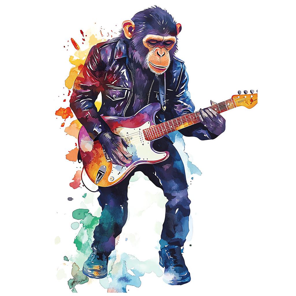 Plakat Małpa Z Gitarą Plakat Małpa Z Gitarą, 50X70 Cm, Rama Drewniana Jasny Dąb, Papier Matowy 230 Gsm