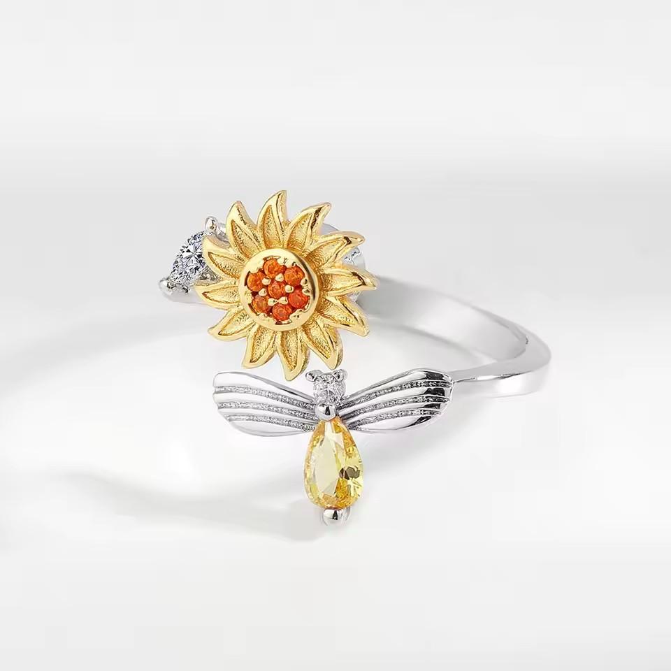 Anello Antistress Ansia Rotante Fiore per Donna Zircone Animale Ape Anello Spinner Metallico Regolabile Ragazza Festa Gioielli alla Moda