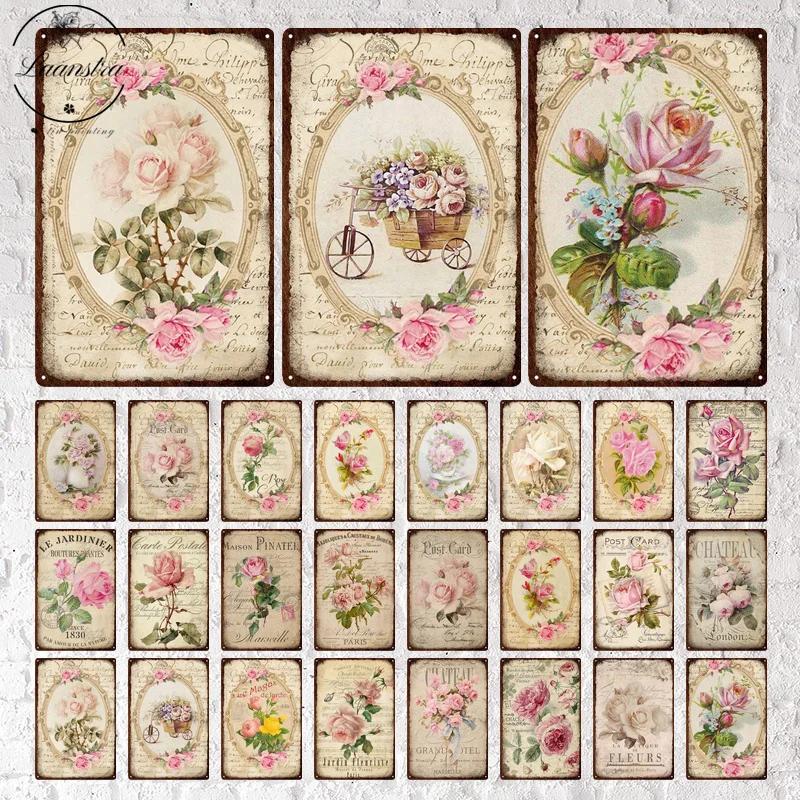 Vintage Flowers Rose Picture Metal Plaque Tin Signs Plate Wall Decor Art Iron Posters Man Cave Bar Club Garden Decoration Poster
