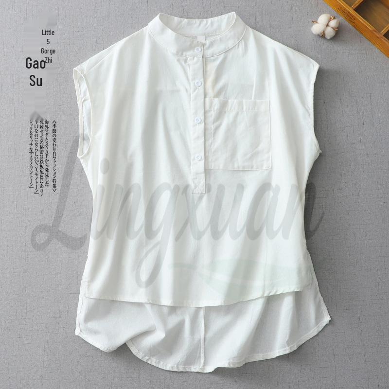 

Retro Sleeveless Cotton Linen Stand Collar T-shirt 2XL белый