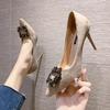 Rhinestone High Heels Women's New Professional Thin Heel Temperament Pointed Women's Shoes Metal Square Buckle Single Shoes