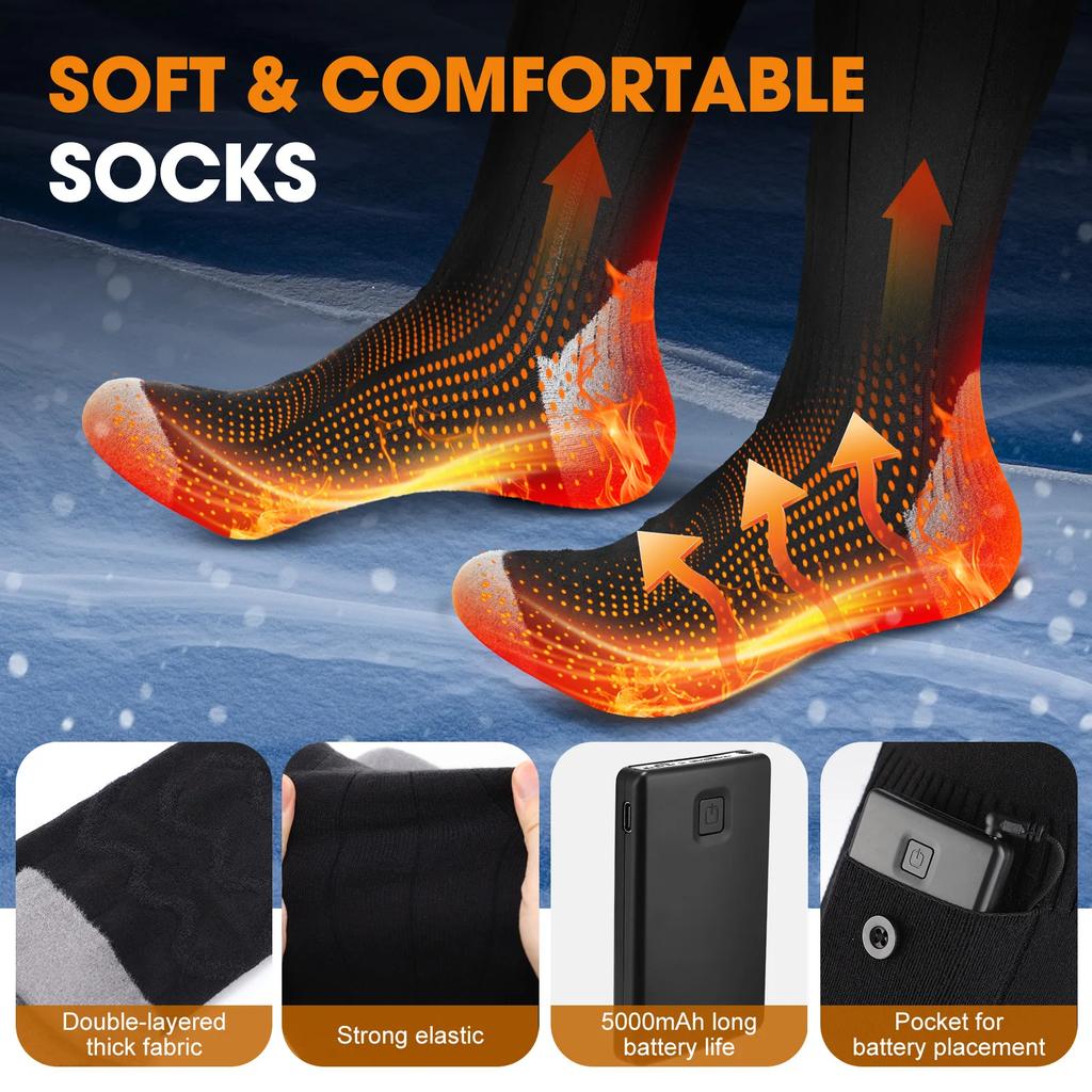 APP Controlled Heated Socks Wireless Heat Unisex Black Pair Rechargeable Adjustable Temperature Smart Long Socks for Outdoor Camping 5000Mah Battery