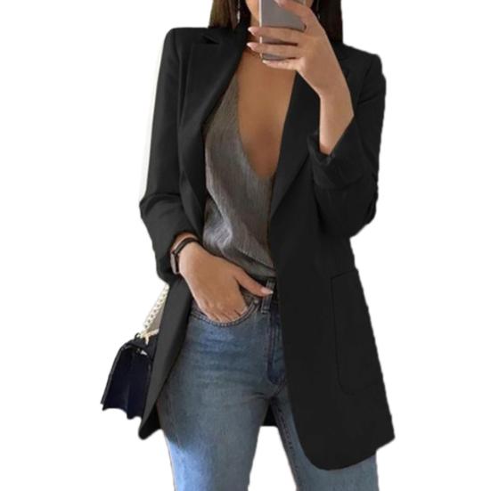 Costume de bureau mode pour femme Couleur unie Sans bouton Revers Coupe ajustée Blazer Manteau