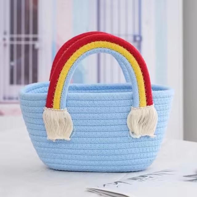 Handmade Cotton Rope Woven Handbag, Rainbow Cloud Pattern Storage Basket, Multifunctional Cosmetic Organizer Portable Picnic Fruit Basket