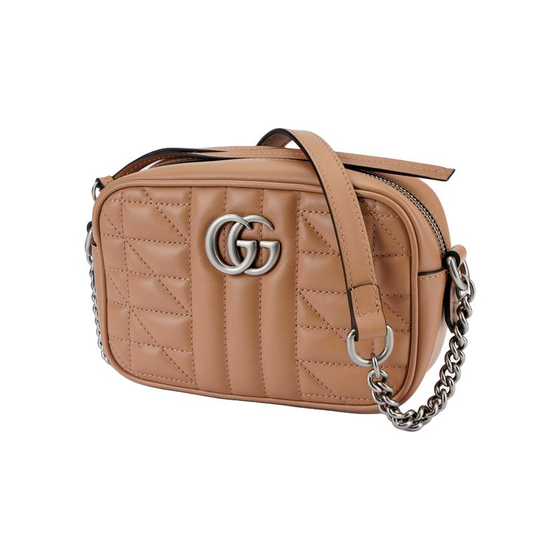 Gucci GG Marmont Marmont Etiqueta Prata Logo Acolchoado Corrente Alça de Ombro Bolsa de Câmera Bolsa de Ombro Transversal Couro Feminina Marrom Leite