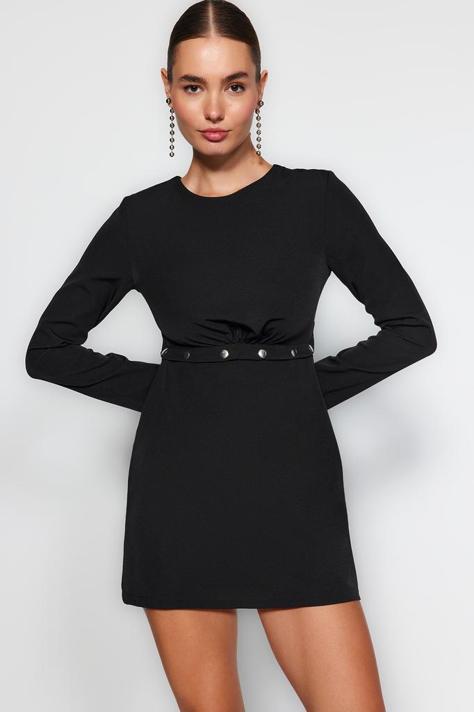 Women's Fashion Casual Standard Sleeve Mini Navy Blue Collar Detailed Lined Chiffon Woven Dress