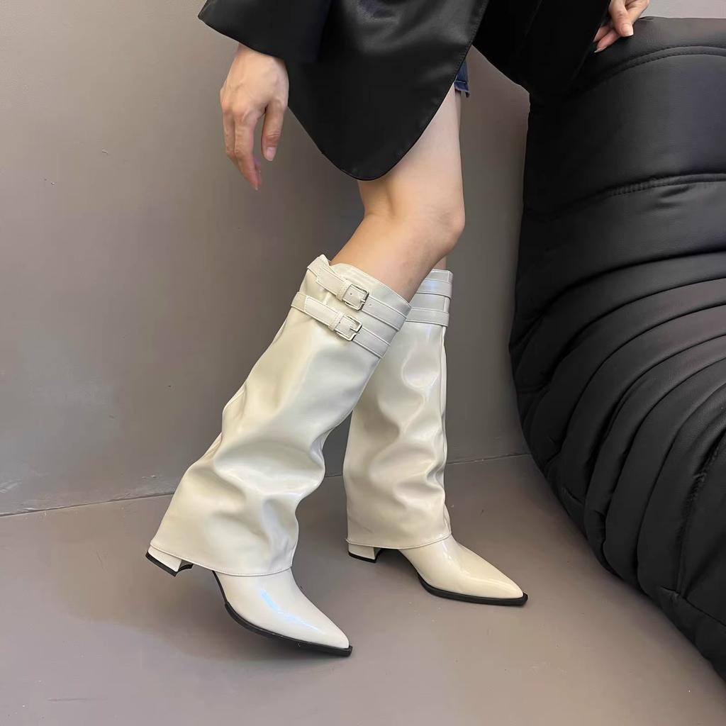 Mode Neuer Stil Damenmode Spitzzehe Schnallenriemen Damen Kniehohe Stiefel Streetstyle Dünne Niedrige Absätze Party Winter Damenschuhe