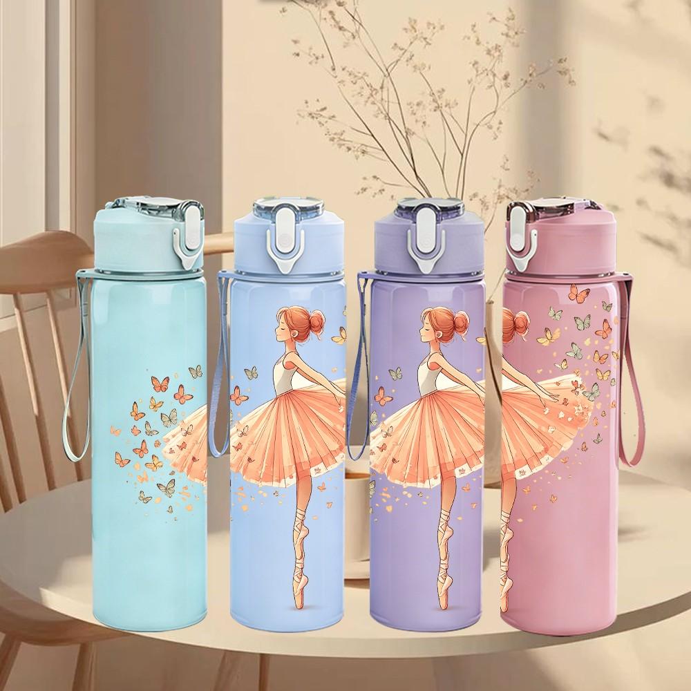 1PC Delicate Pink Ballerina Dancer Print 750ml Color Plastic Sports Water Bottle Leakproof Flip Straw Lid Suitable for Sports Office Home Use