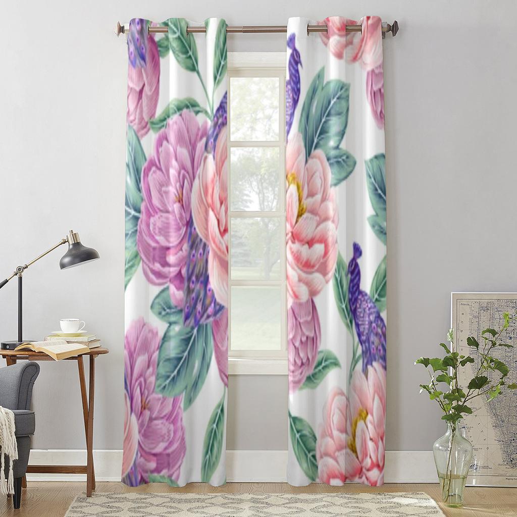 Blooming Flowers Peonies Leaves Peacock Window Curtains For Living Room Kitchen Modern Curtains Home Decor Blinds Drapes