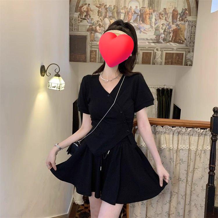 Korean Style Slim Fit V-Neck T-Shirt & Drawstring Shorts Set for Women Small