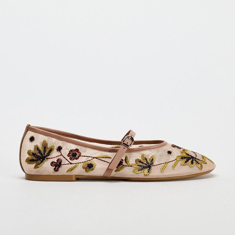 Fashion Spring Autumn Mesh Embroidery Women Mary Jane Shoes Ladies Outdoor Comfort Ballet Style Women's Grandma's Shoes