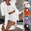 Damen 2-teiliges Set Shirt & Shorts Knopf Langes Hemd Bluse Elastische Taille Shorts Anzug Strand Jogger Outfits Trainingsanzug