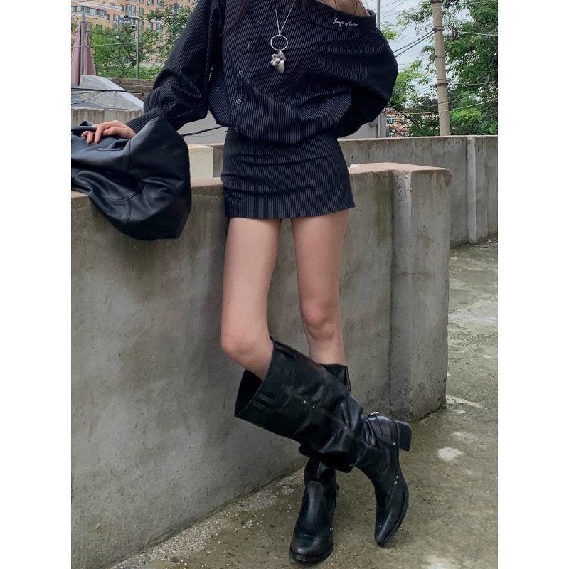 Vintage Knight Boots Spice Girls But Knee Boots Big Boots Women Pointed Thick Heel Skinny Pile Boots Women