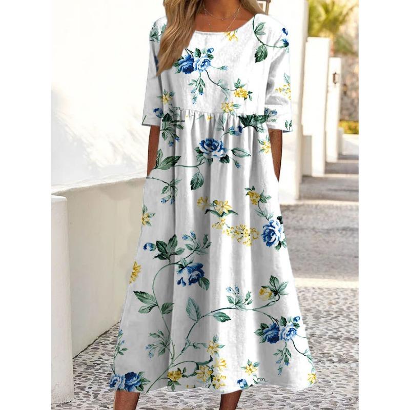 Casual O Neck Pockets Printed Loose Dresses for Women Plus Size Summer New Short Sleeve Women's Dress Fashion Elegant Vintage Floral Long Dress 3364