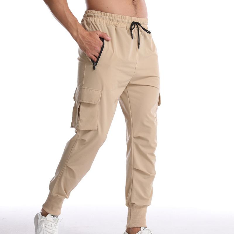 Men Elastic Waist Cargo Jogger Pants With Drawstring And Zipper Pockets