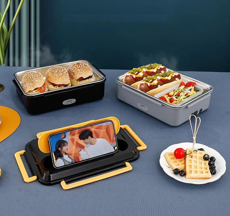 Portable 2 In 1 Electric Heated Lunch Box Stainless Steel Office Food Heating Warmer Container Heater Dual Use Home Car